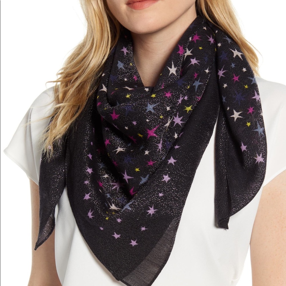 KATE SPADE SPARKLE STARS SQUARE WOOL SCARF BLACK NWOT
